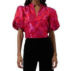 Sugarlips Red Pink Floral Jacquard Puff Sleeve Blouse